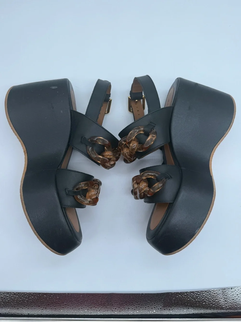 See by Chloé Black Platform Sandals with Tortoiseshell Chain Sz 39 EU 8 US
